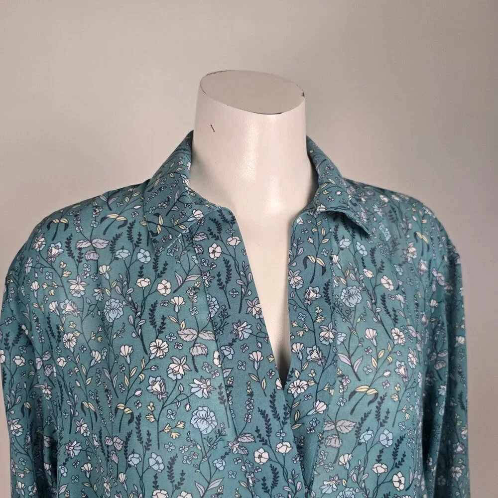 Cabi Blue Floral Sheer Collared High Low Blouse Top Size XS - Picture 2 of 9